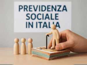 Figura in legno anziana con bastone, sostenuta da una mano, posizionata su una pila di banconote da 50 euro, con la scritta “Previdenza Sociale in Italia” sullo sfondo.